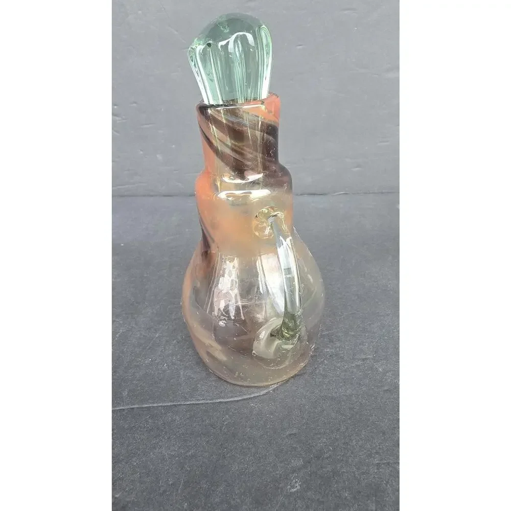 Murrhina Handblown Art Glass Cruet Bottle Handle Swirl Brown Amber Green Stopper